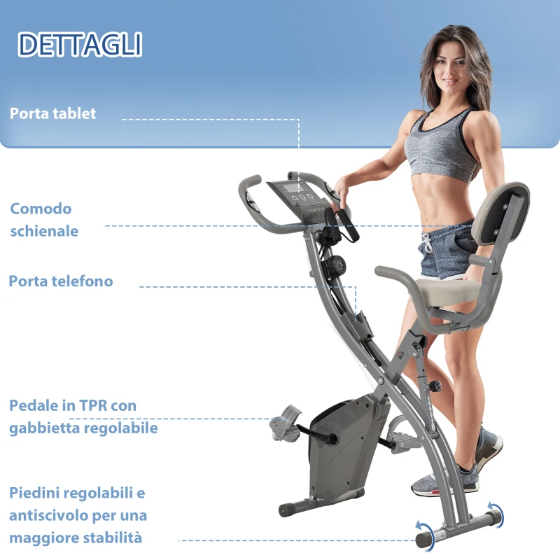 HOMCOM Cyclette Pieghevole 2 in 1, Resistenza Magnetica Regolabile 8 Livelli, Bici da Fitness con Sensore di Frequenza Cardiaca, Elastici per Braccia, Schermo LCD, Volano 2.5kg, Grigio
