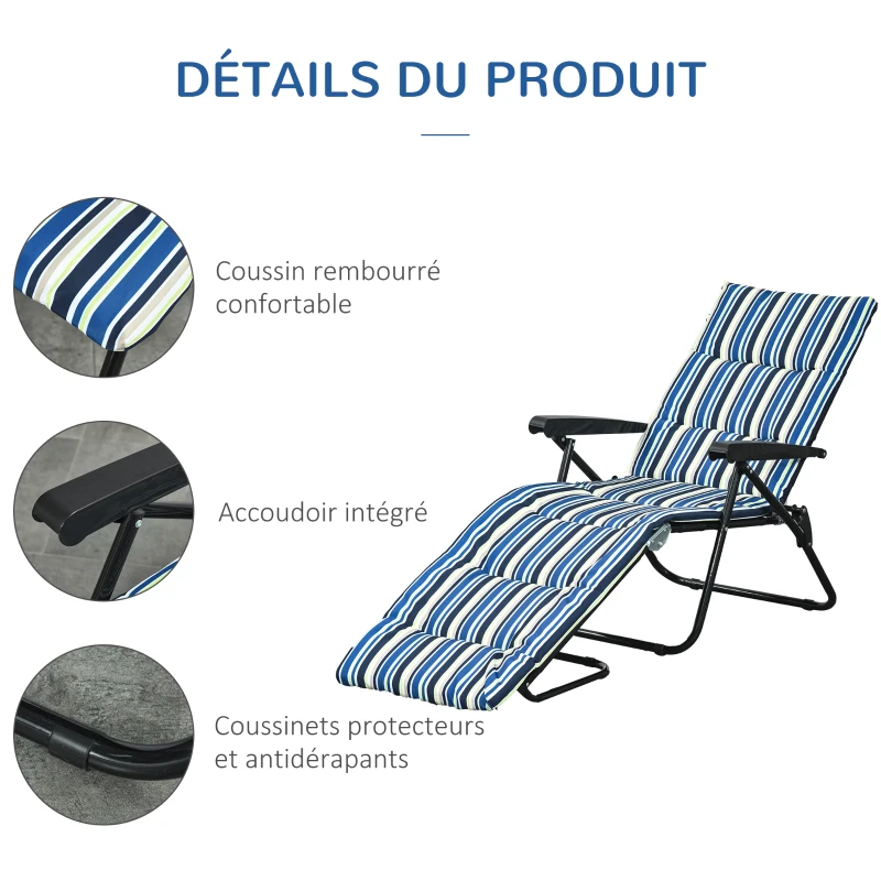 Outsunny Bain de soleil pliable transat inclinable 6 positions grand confort avec matelas + accoudoirs acier polyester multicolore