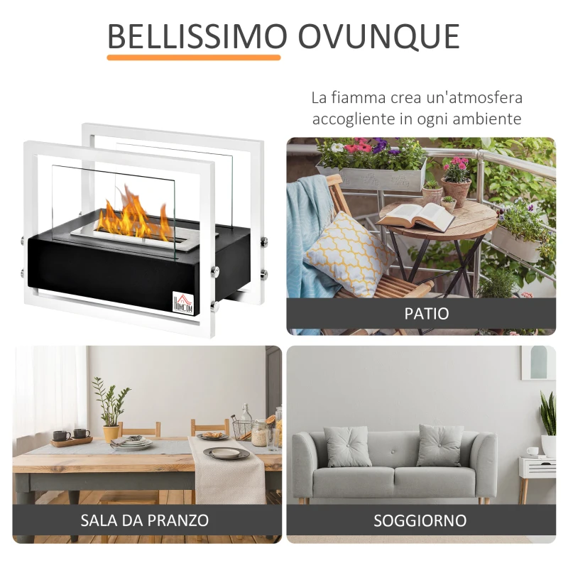 HOMCOM Camino a Bioetanolo Portatile, Biocamino da Tavolo o da Terra in Acciaio e Vetro, Serbatoio da 1.5L, Bianco e Nero