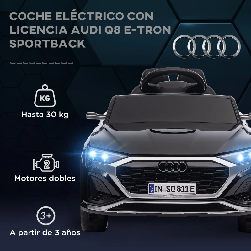 AIYAPLAY Coche Eléctrico para Niños Audi Q8 etron sportback con Batería 12V Mando a Distancia Faros Bocina y Música Negro