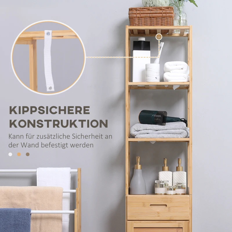 kleankin Badezimmerregal, 3 offene Fächer, Schublade, Lamellentür, Bambus, 32 x 30 x 163 cm(m-6)