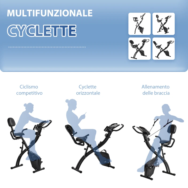 HOMCOM Cyclette Pieghevole 2 in 1, Resistenza Magnetica Regolabile 8 Livelli, Cyclette da Casa Silenziosa con Sensore di Frequenza Cardiaca, Elastici per Braccia, Schermo LCD, Volano 2.5kg, Nero