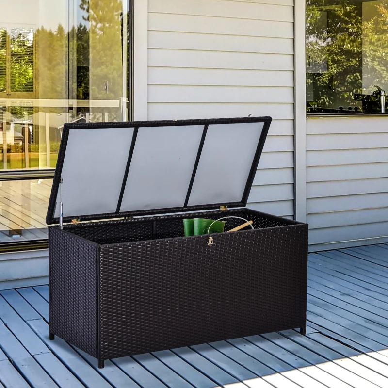 Outsunny Kissenbox Auflagenbox Gartenbox Polyrattan Garten Metall Braun L118 x B54 x H59cm