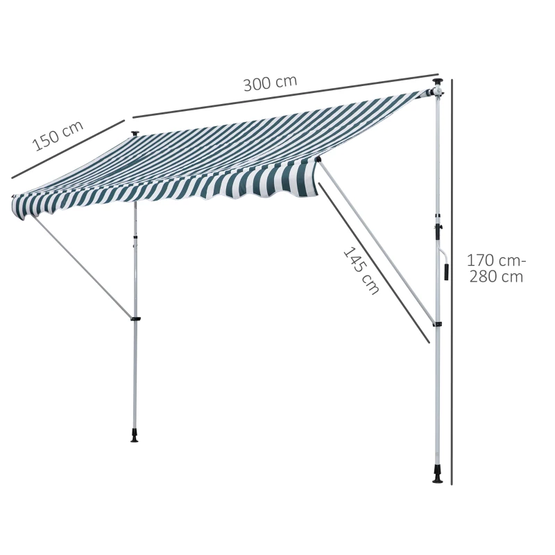 Outsunny Klemmarmmarkise mit Faltarm Höhenverstellbar Wetterbeständig 300 cm × 150 cm x 280 cm blau + weiß