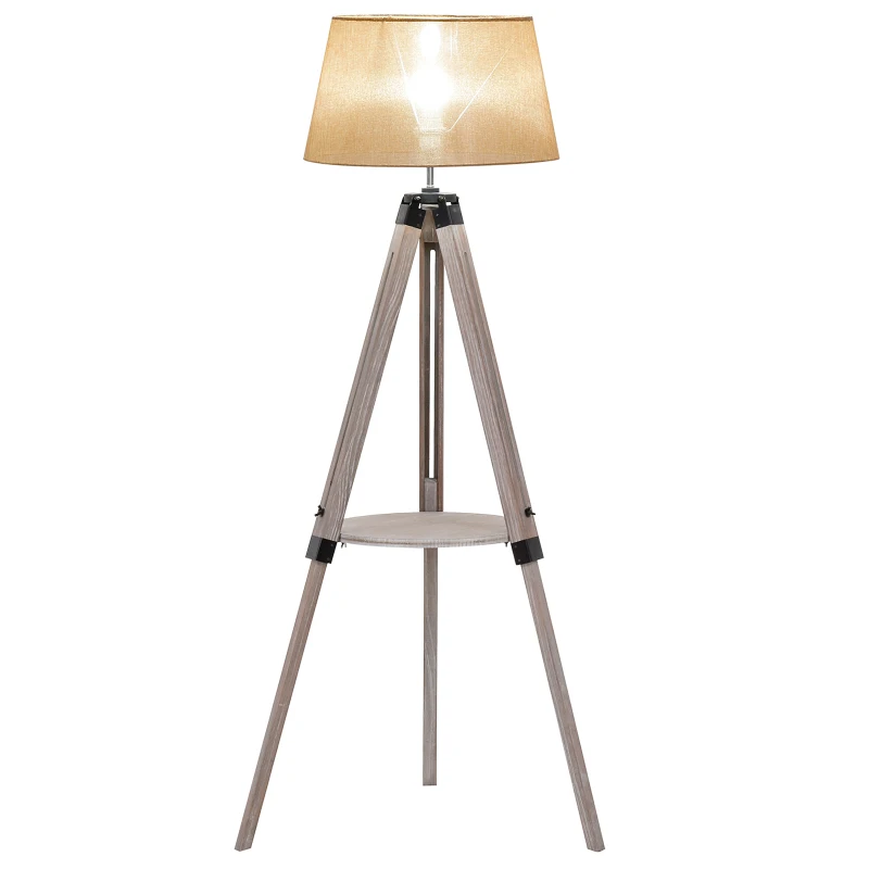 HOMCOM Stehlampe mit Regal, Standleuchte, höhenverstellbare Lampe, Stahl, Polyester, Baumwolle, Vintage, Natur, Beige, 63 x 63 x 110-150 cm