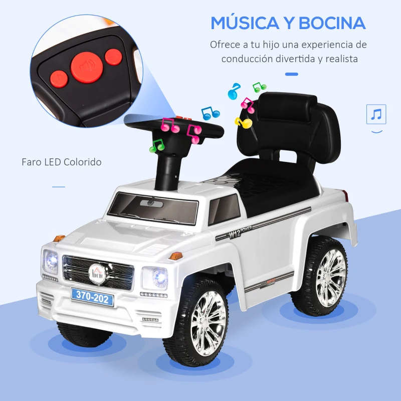 HOMCOM Coche Correpasillos para Bebé de 18-36 Meses Coche sin Pedales con Faros Música Bocina Compartimento de Almacenaje y Respaldo Alto 68x30,5x41,5 cm Blanco