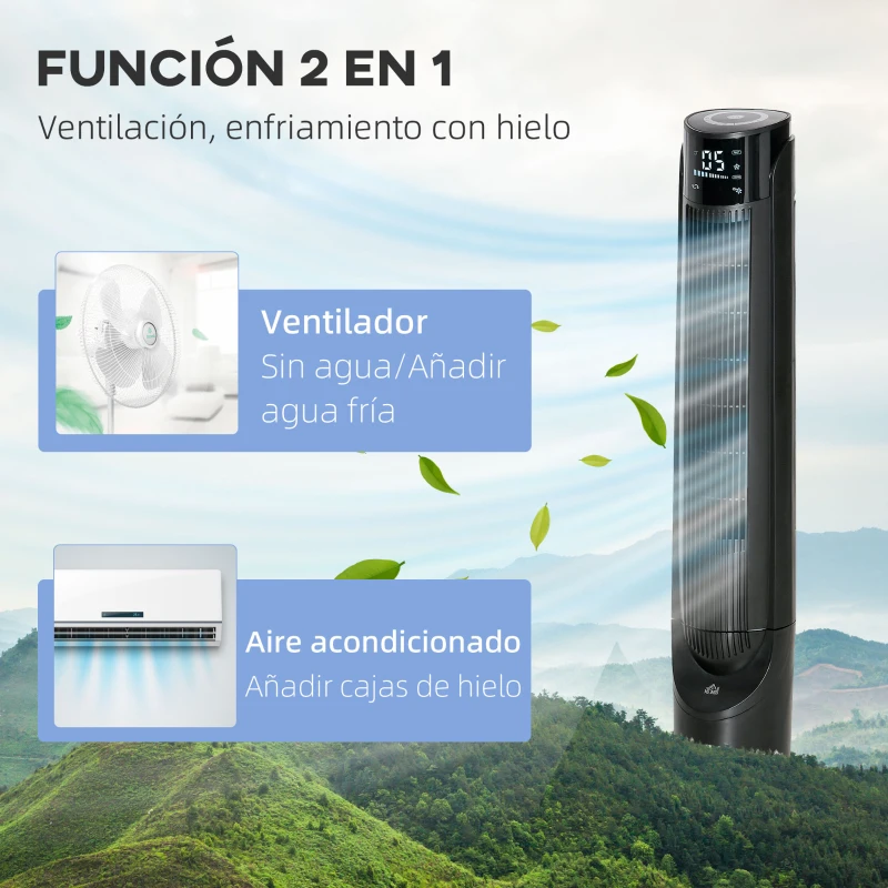 HOMCOM Climatizador Evaporativo 60W Silencioso con Mando 3 Velocidades Oscilación 70° Pantalla LED Táctil 31,5x31,5x107cm Negro