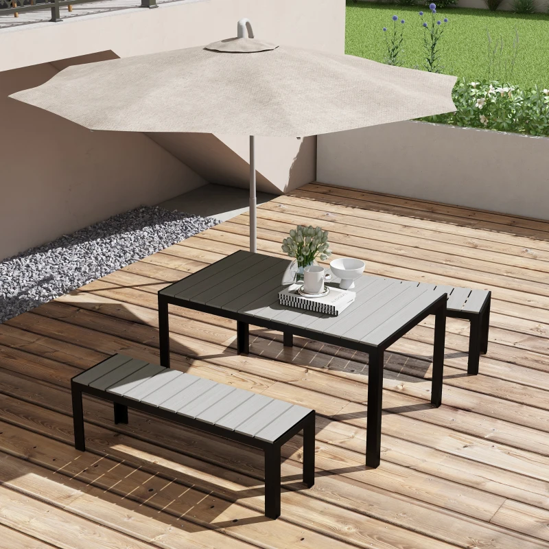 Outsunny Terrassenmöbel-Set, 3-teilig, 2 Bänke & 1 Tisch, Metallrahmen, Holzoptik, Grau