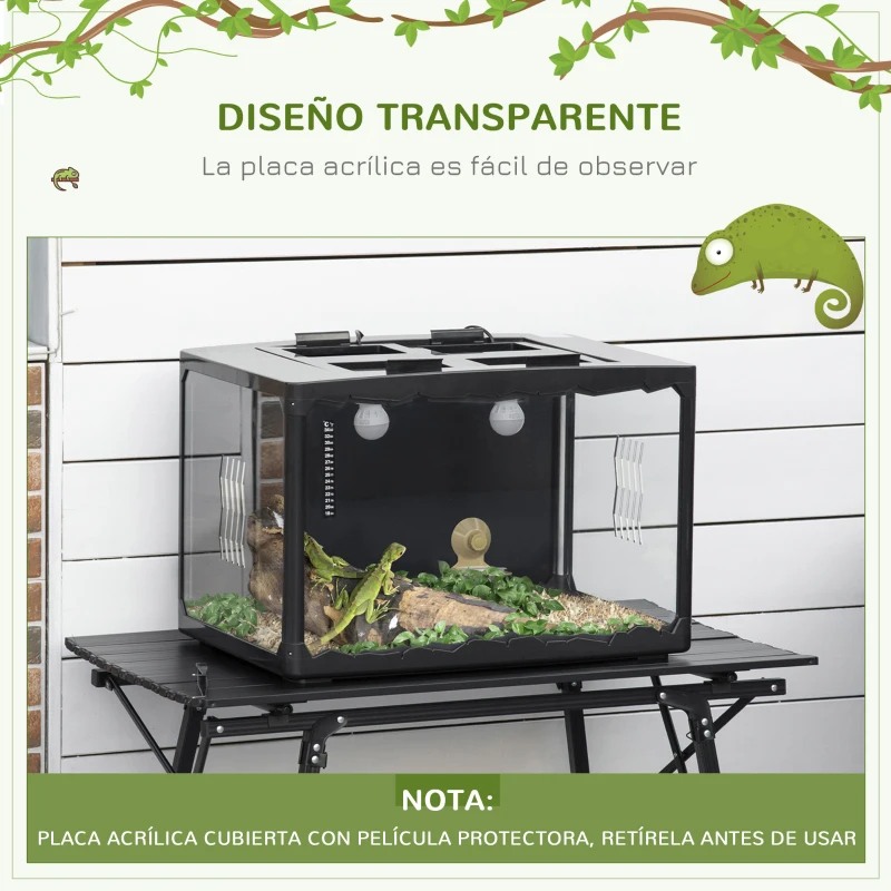 PawHut Terrario para Reptiles Caja de Alimentación de Insectos de Acrílico con Comedero Termómetro 2 Portalámparas E27 e Interruptor para Lagarto Camaleón 60x40x40,5 cm Negro