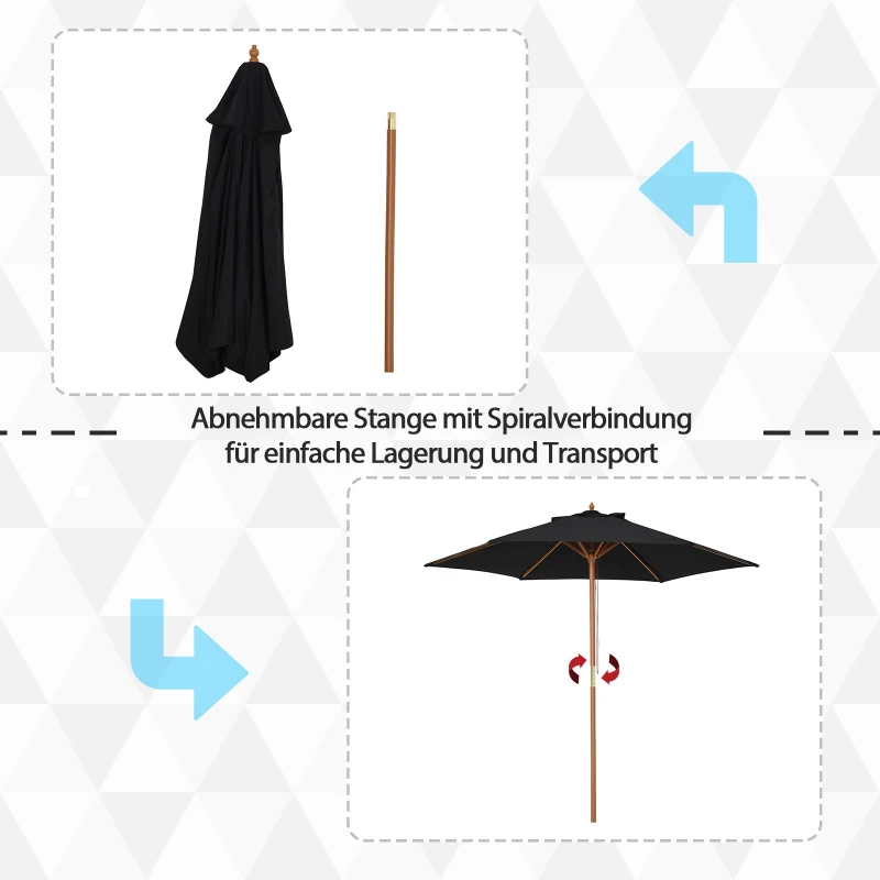 Outsunny Sonnenschirm Ø 250 cm, Sonnenschirm mit Seilzugmechanismus Balkonschirm Strandschirm aus Bambus windfest Marktschirm Sonnenschutz für Balkon Terrasse Garten, Schwarz