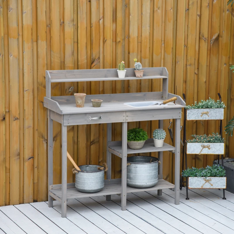 Outsunny Pflanztisch Gärtnertisch Blumentisch mit Wanne Garten Tannenholz Grau 117 x 45 x 121 cm