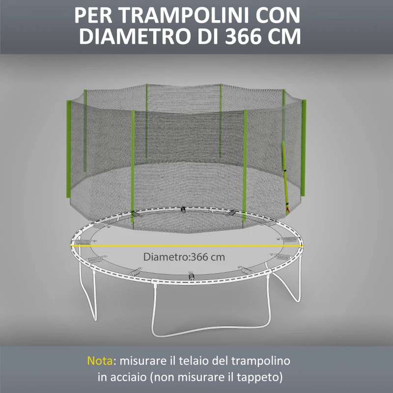 SPORTNOW Rete di Protezione per Trampolini a 8 Pali con Ingresso con Cerniera, in PE, Ø366x180 cm, Nero e Verde