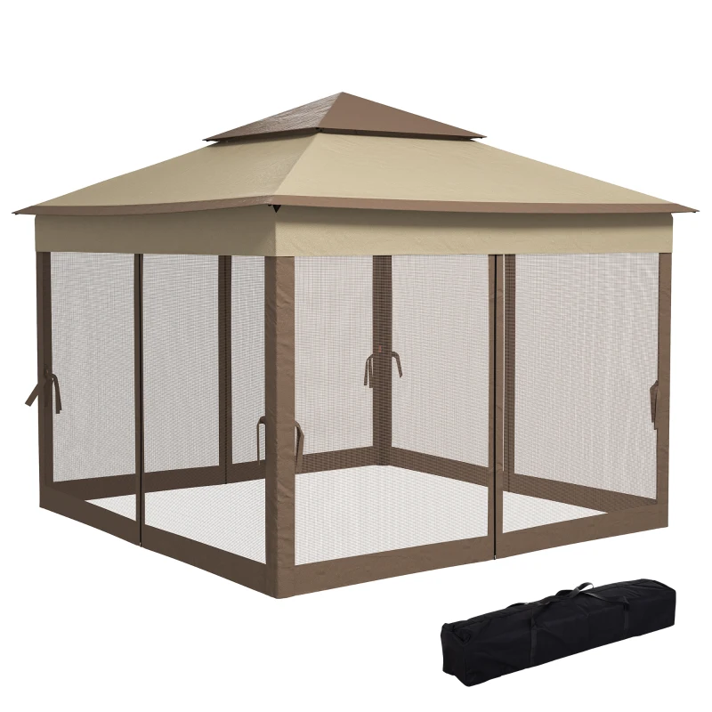 Outsunny Carpa Plegable 3x3x2,7 m Cenador de Jardín con Doble Techo Mosquitera y Bolsa Transporte Color Marrón Claro