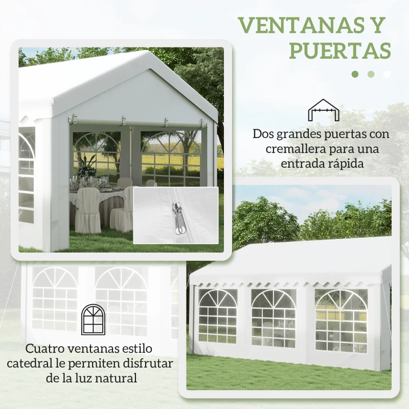 Outsunny Carpa para Fiesta Cochera Gazebo 6x4m Pergola Cenador Pabellón 4 Paneles Laterales Ventanas Anti-UV para Eventos Bodas Acero PE Blanco