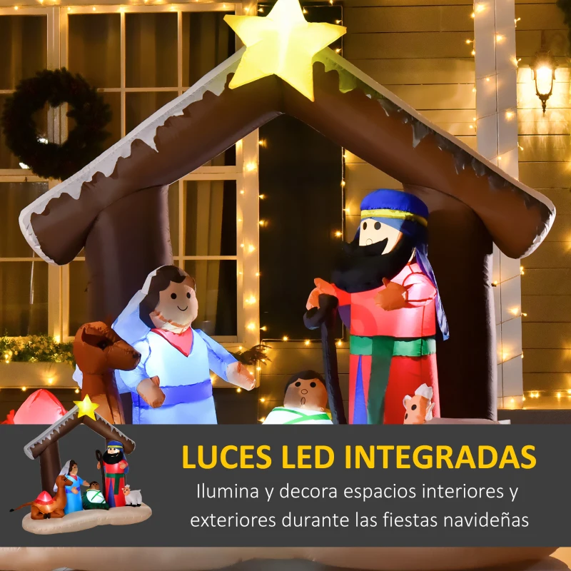 HOMCOM Decoración Inflable de Navidad 183 cm con Luces Incluye Inflador Tipo Arco Bíblico del Nacimiento de Jesús Multicolor
