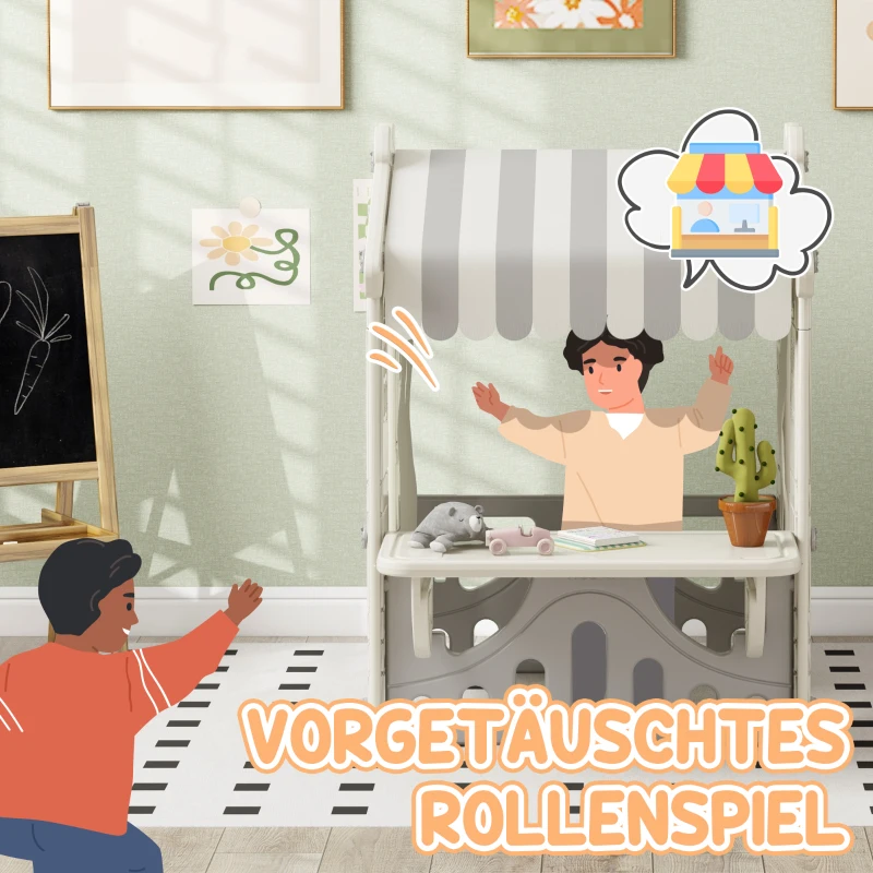 AIYAPLAY Kinder-Spielhaus mit dekorierten Fenstern, gewölbten Türen, Servierstation, 108x80x111 cm, Creme