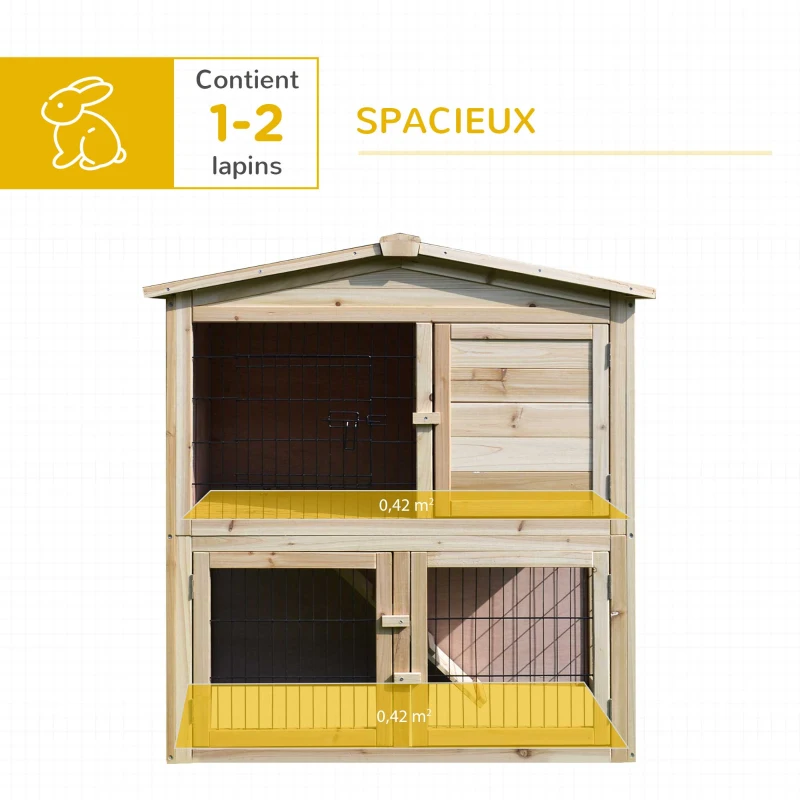 PawHut Clapier à lapin cage à lapin 2 étages 4 portes verrouillables rampe toit bitûmé bois de sapin