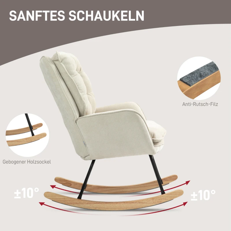 HOMCOM Schaukelstuhl, breiter Sitz, hohe Rückenlehne, Buchenholzrahmen, bis 120 kg, Beige