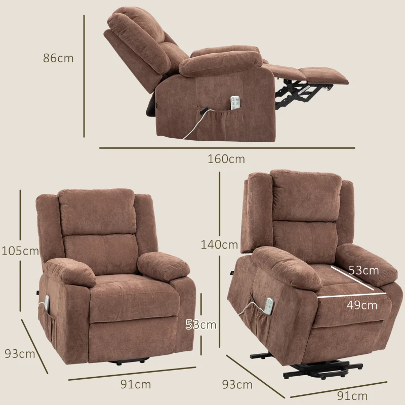 HOMCOM Relaxsessel mit Aufstehhilfe, verstellbare Kopfstütze, klappbare Rückenlehne, gepolsterte Armlehnen, Hellbraun