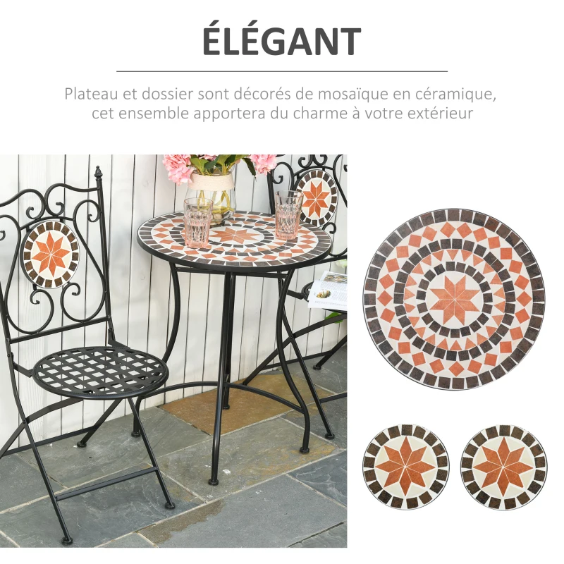 Outsunny Ensemble Bistro 2 Places 3 pièces Style Fer forgé mosaïque céramique Motif Rose des Vents chaises Pliables métal époxy Noir