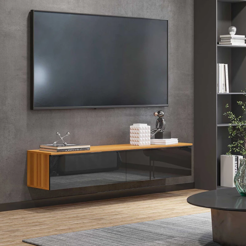 HOMCOM Mobile TV con Design Lucido a Parete e Credenze Chiuse, in Truciolato, 160x35x30 cm, Marrone e Nero