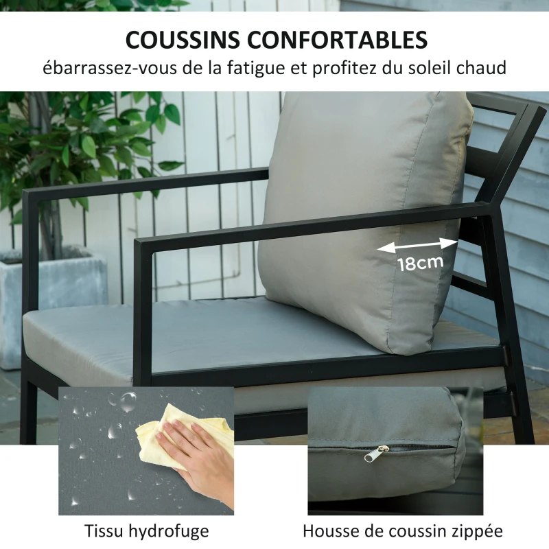 Outsunny Ensemble salon de jardin 4 pièces canapé 2 places + 2 fauteuils + table basse plateau à lattes 8 coussins rembourrage épais déhoussables aluminium gris noir