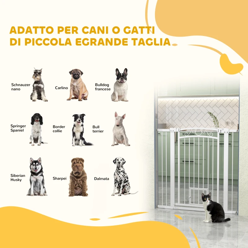 PawHut Cancellino per Cani Regolabile con Estensioni e Porta per Gatti, 76-104x106cm, Bianco