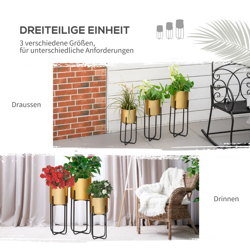 Outsunny 3er Set Blumenständer mit Blumentopf aus Metall Pflanzenständer Set Blumenhocker Blumentopfhalter Pflanzenhocker Gold
