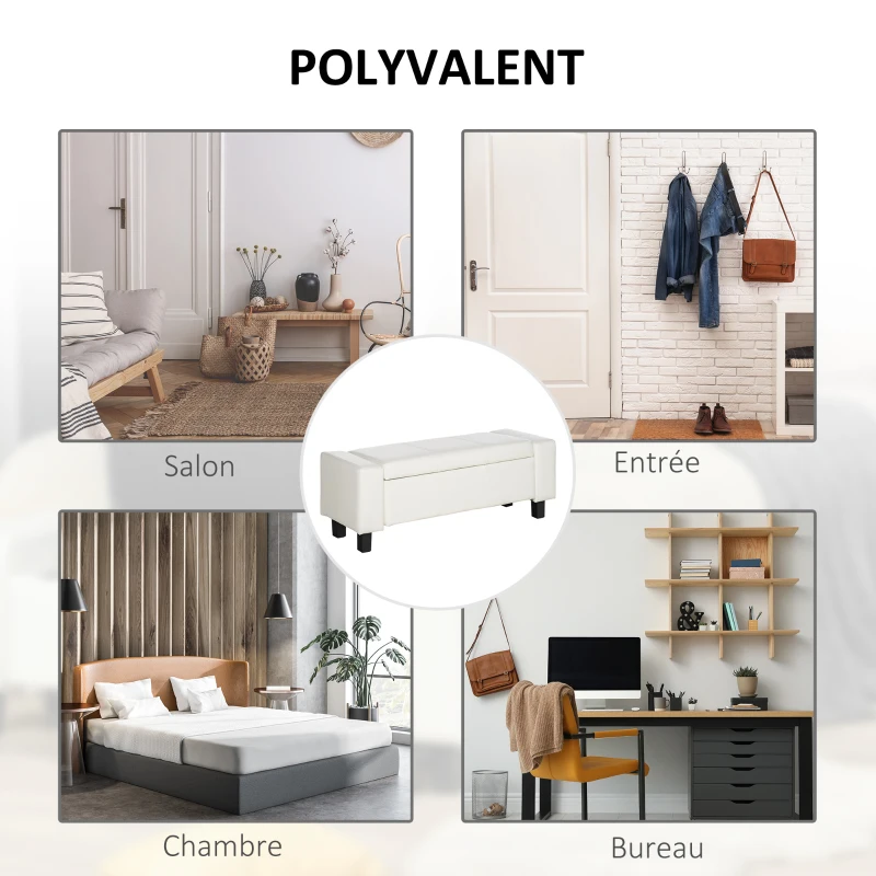 HOMCOM Banc de rangement, coffre de rangement avec couvercle, bout de lit en polyuréthane côtelé pour salon, chambre, entrée, 106 x 40 x 40 cm, blanc
