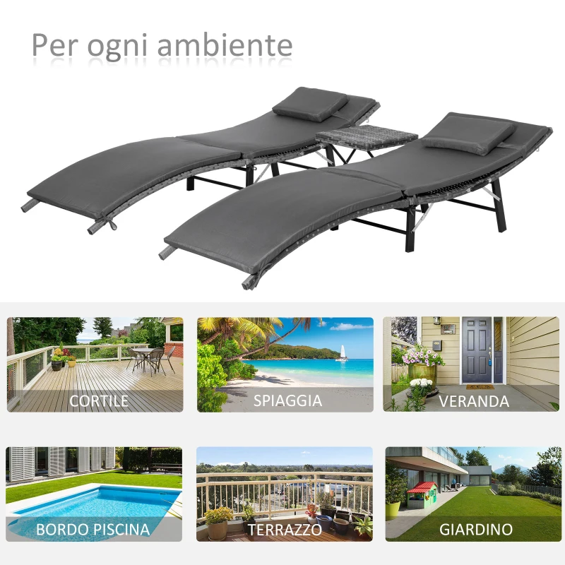 Outsunny Lettini Prendisole Richiudibili con Cuscini Rimovibili e Tavolino Pieghevole, Set 3 Pz in Rattan, Grigio