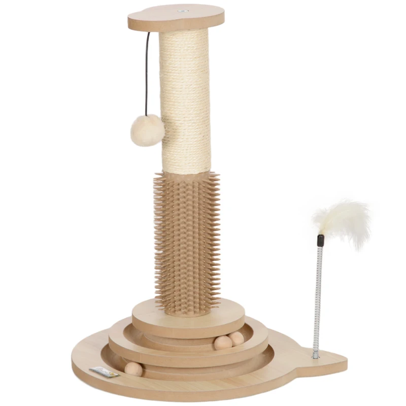 PawHut Rascador para Gatos 49 cm con Poste de Sisal Cepillo Carril Giratorio con Bolas Pluma Elástica y Bola de Juguete Roble