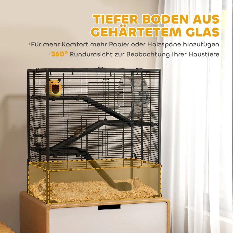 PawHut Hamsterkäfig mit Glasboden, 4-stufiges Hamstergehege mit Hütte und Zubehör, 78,5L x 48,5B x 80H cm, Schwarz(m-4)