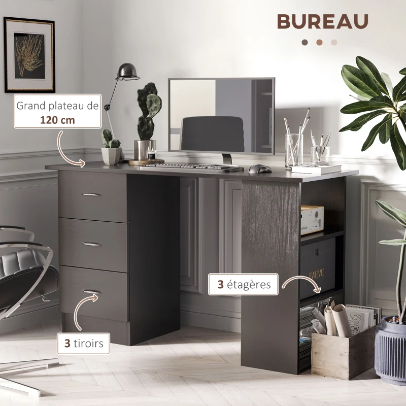 HOMCOM Bureau avec rangement, table informatique 120 x 50 cm, bureau d'ordinateur avec étagères et tiroirs, pour petits espaces, chambre à coucher, noir