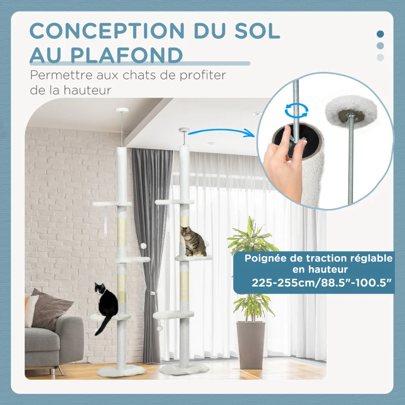 PawHut Arbre à chat 225-255 cm réglable en hauteur Tour pour chat 3 griffoirs et 2 balles 48x32x225-255 cm blanc