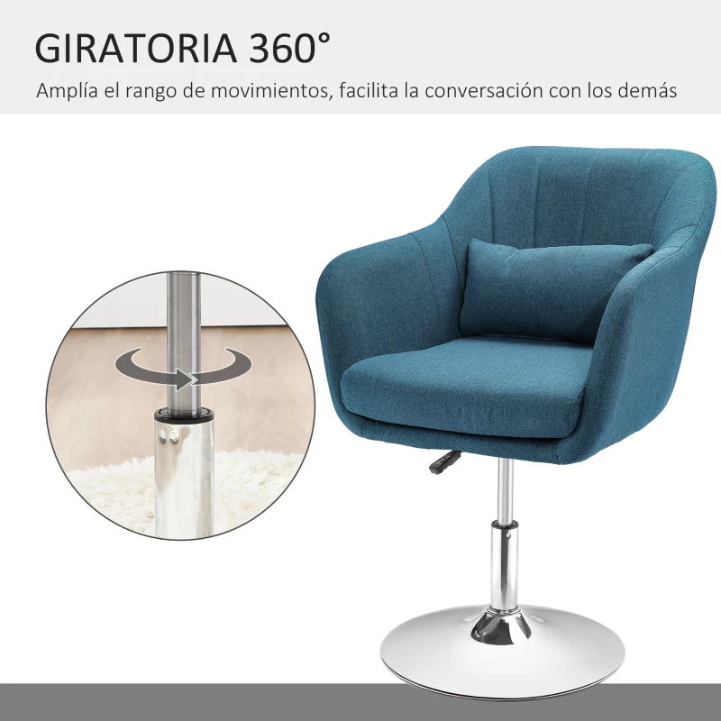 HOMCOM Sillón para Salón Giratorio 360° con Altura Ajustable Respaldo Envolvente Reposabrazos y Cojín 60x60x79-91 cm Azul