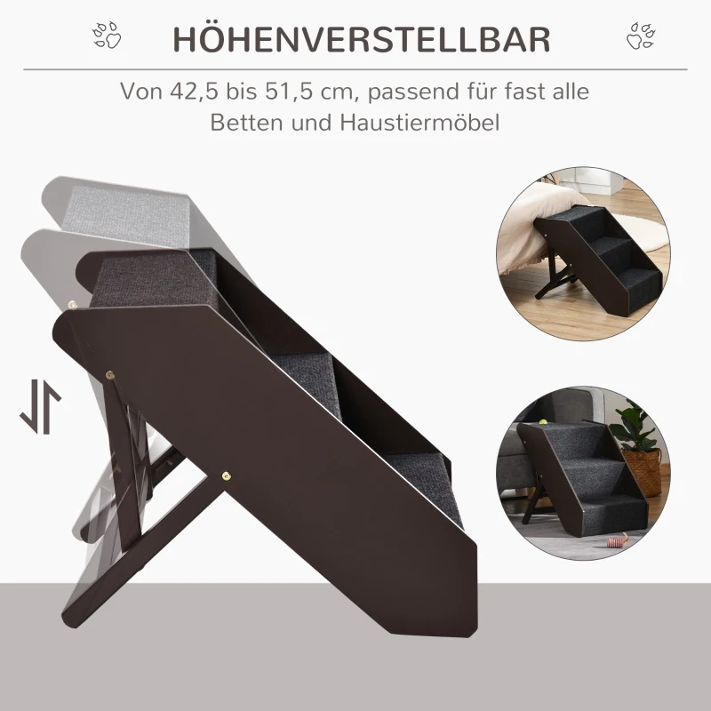 PawHut Haustiertreppe Katzentreppe Hundetreppe mit 3 Stufen für Katzen und Hunde klappbar Holz+MDF 40,8 x 56,5 x (42,5-51,5) cm