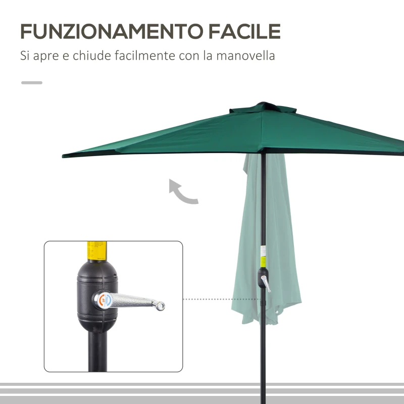 Outsunny Ombrellone Semicircolare da Parete 2.7x2.4 m con Apertura a Manovella in Poliestere, Verde