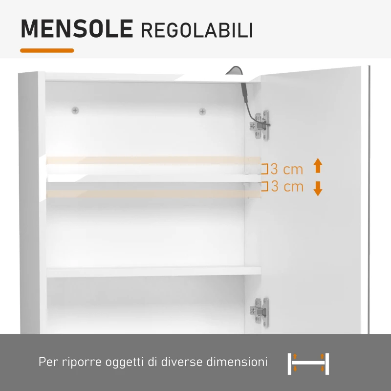 HOMCOM Armadietto Pensile da Bagno con 1 Anta, Specchio e Luci a LED | 2 Ripiani Interni | MDF Bianco (60 x 50 x 15cm)