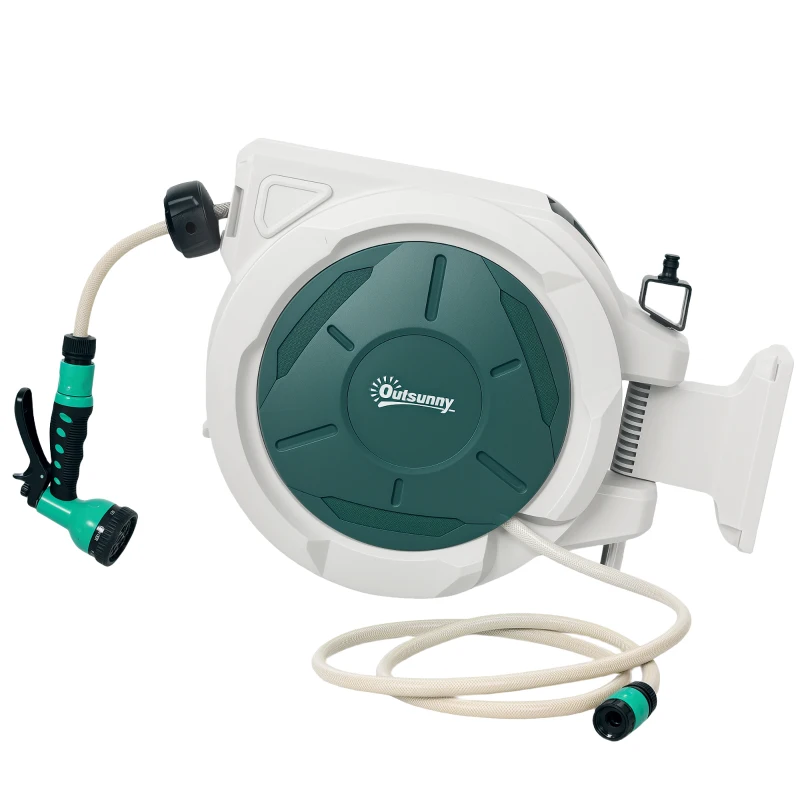Outsunny Retractable Hose Reel Wall Mounted, 30+2m Garden Hose Pipe Reel with Lock, Auto Rewind, 7 in 1 Spray Nozzle, Includes Wall Fixings, 180° Swivel, Outdoor Watering, Grey