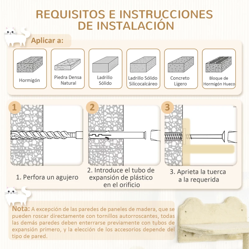 PawHut Juego de Rascador de Pared para Gatos con 3 Postes de Sisal Hamaca y 1 Plataforma para Saltar de 3 Niveles Beige