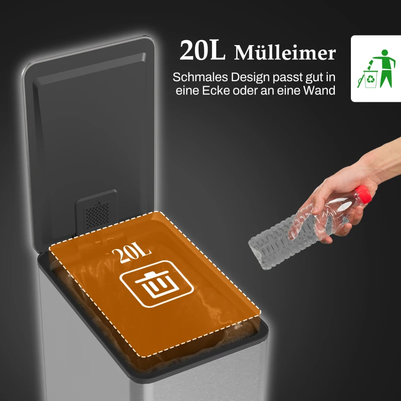 HOMCOM Mülleimer 20L, Soft-Close-Deckel, Deodorant-Fach, Fingerabdrucksicher, Edelstahl, Silber(m-4)