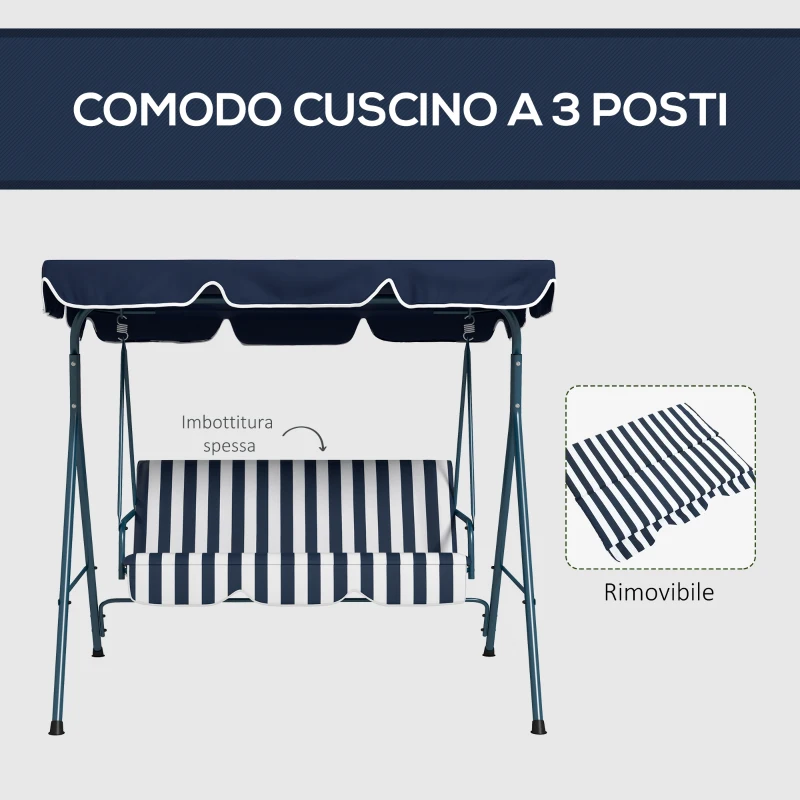 Outsunny Dondolo da Giardino 3 Posti con Tetto Parasole, in Acciaio e Poliestere, 172x110x153 cm, Bianco e Blu