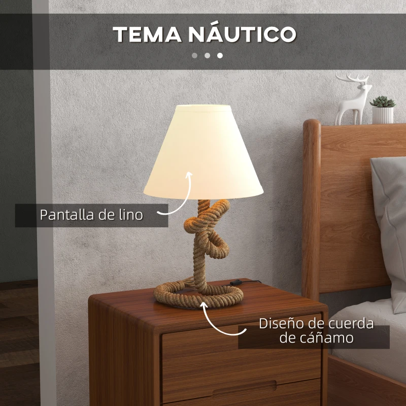 HOMCOM Lámpara de Mesa LED con Base de Metal Cuerda de Lino y Pantalla de Tela Max.40W Ø28x45,5 cm Marrón y Beige