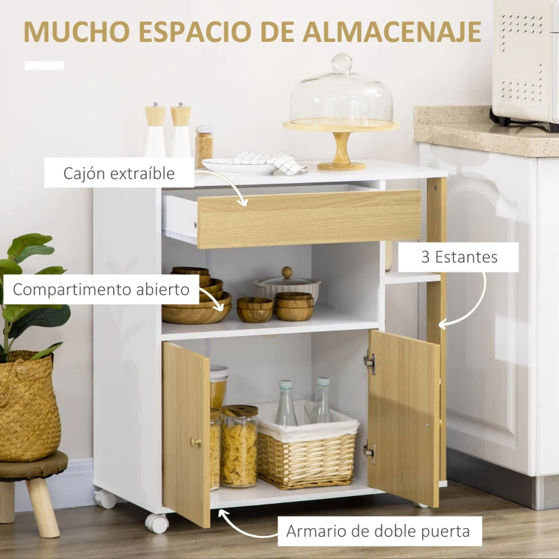HOMCOM Carrito de Cocina con Ruedas 2 Puertas Cajón y Estantes Laterales para Comedor Salón 80x39x85,5 cm Roble y Blanco