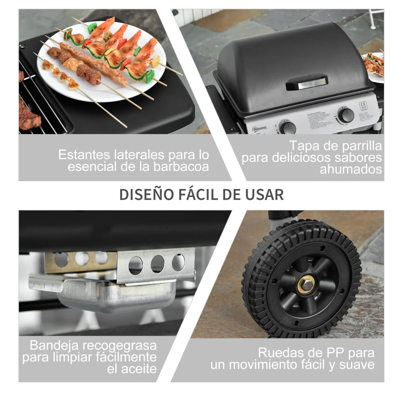 Outsunny Barbacoa de Gas con 2 Quemadores 5,6 KW 2 Ruedas 2 Mesas Laterales y Parrillas de Acero 104x49x99 cm Negro