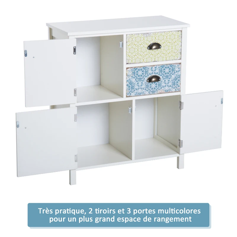 Commode style néo-rétro graphique 3 placards porte + 2 tiroirs blanc