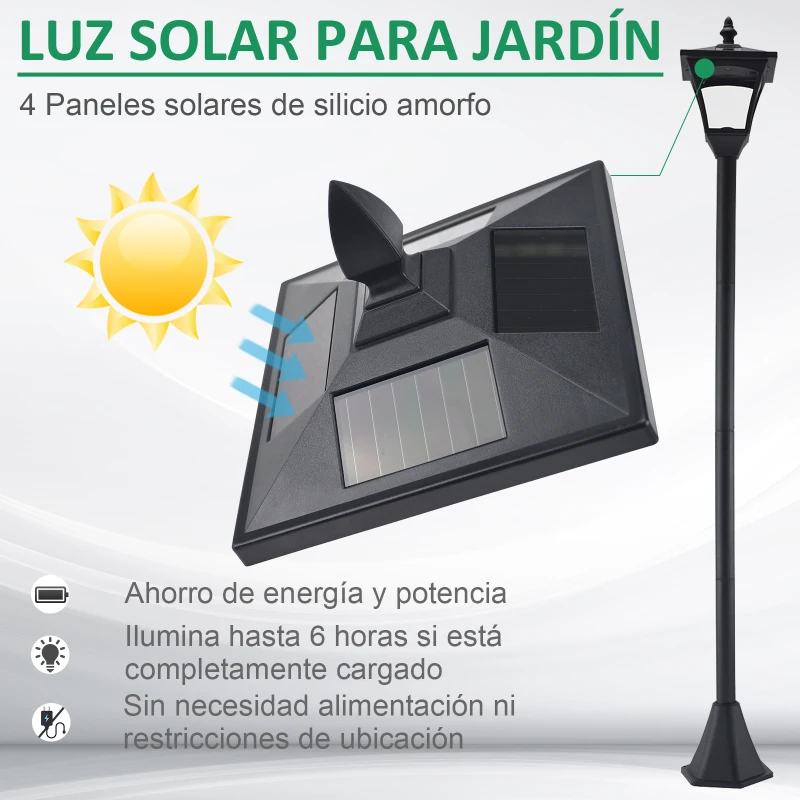 Outsunny Farola Solar para Jardín con Panel Solar Encendido Automático y Marco de Acero Inoxidable 18x18x160 cm Negro