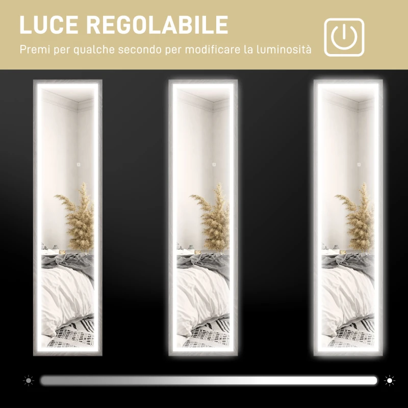 HOMCOM Specchio Illuminato con Luci LED Regolabili e Pulsante Touch, in Vetro e MDF, 40x5x160 cm, Grigio