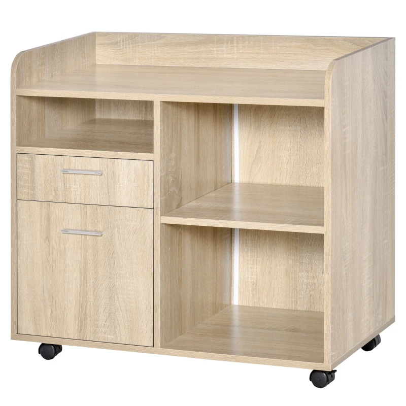 Vinsetto Armario para Impresora con 3 Compartimentos 2 Cajones para Archivos Estante Ajustable Ruedas 80x40x72 cm Roble