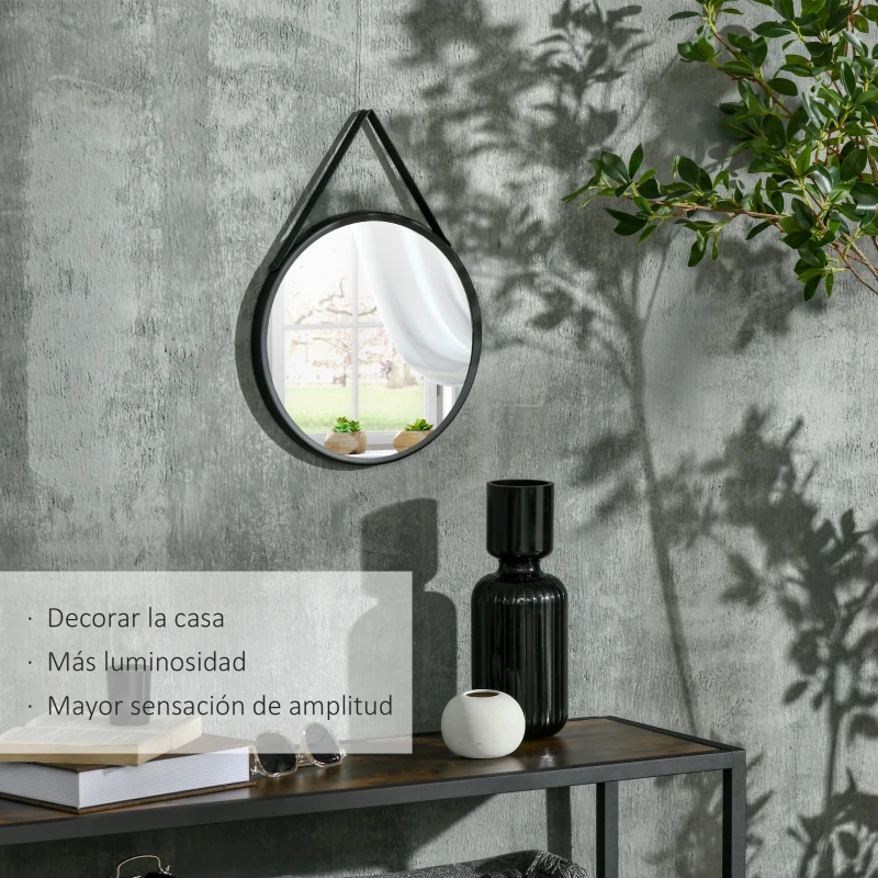 HOMCOM Espejo Decorativo de Pared 30x30 cm Espejo Redondo de Metal con Cinturón para Salón Entrada Estilo Moderno Negro